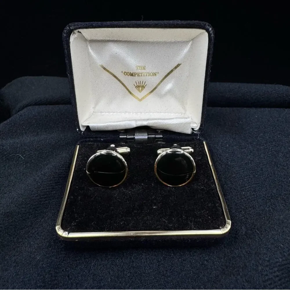 Vtg The Competition Black Onyx Cufflinks in Original Box